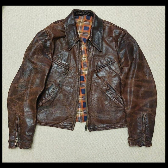 Men’s 1930s German Style A2 Vintage Leather Jacket – Distressed Brown Grain Leather, Check Lining