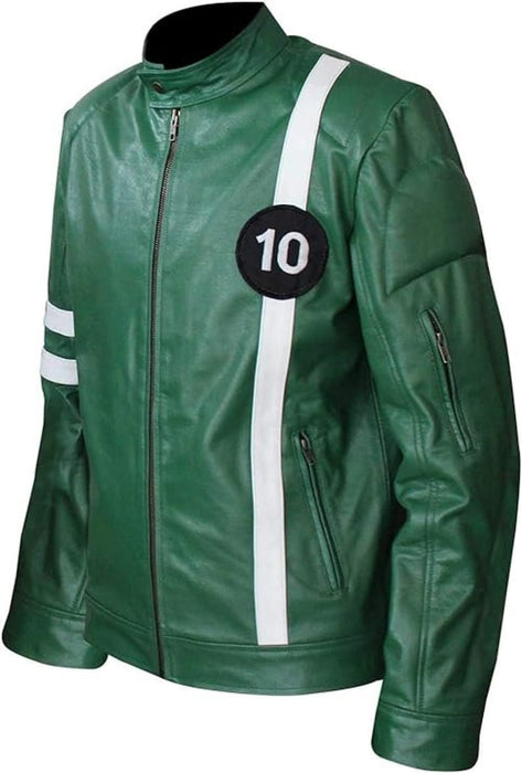 Ben 10 Cartoon Character Green Zipper Genuine Leather Biker Motorcycle Jacket