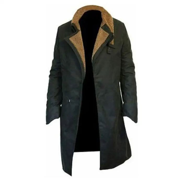 Black Cotton Longline Jacket for Men with Artificial Fur Collar