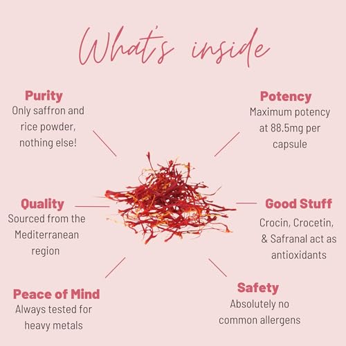 Pure saffron extract capsules with Crocus sativus threads on white background