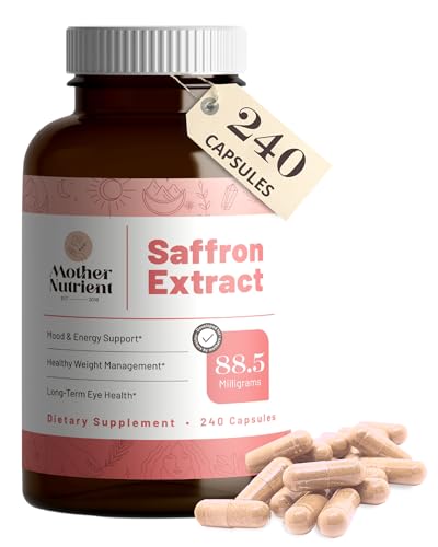 Saffron Extract supplement bottle — 88.5mg pure Crocus sativus, 240 vegan capsules